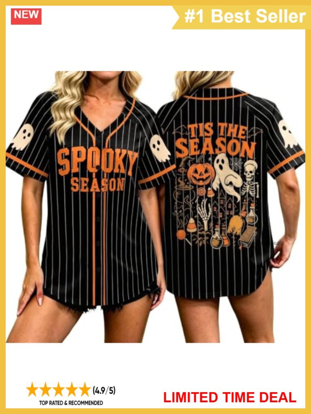 Halloween Baseball Jersey Women Ghost Pumpkin Button Down V-Neck Tee